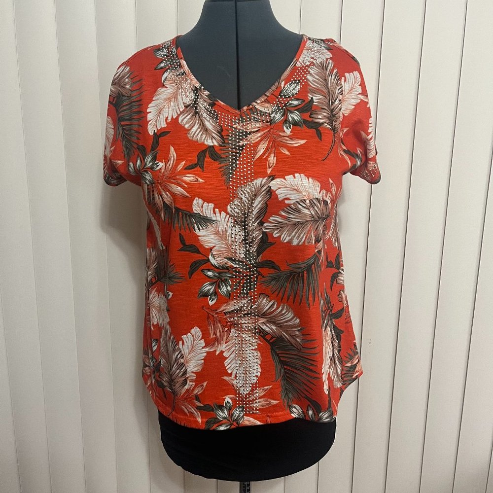 Storybuk- Red floral cold shoulder top with silver accents Size S